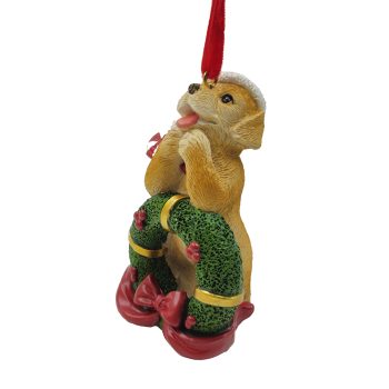 ORN DOG RESIN RED/MULTI 2.5" W/ WREATH, CANDY SWIRL & SANTA HAT