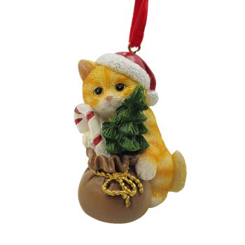 ORN CAT RESIN RED/MULTI 2.5" W/ GIFT BAG, CANDY CANE & SANTA HAT