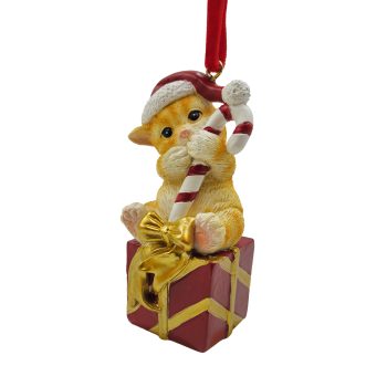 ORN CAT RESIN RED/MULTI 2.5" W/ GIFT BOX, CANDY CANE & SANTA HAT