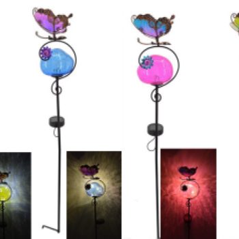 SOLAR CRACKLE GLASS STAKE WITH 3D BUTTERFLY - 4 ASST