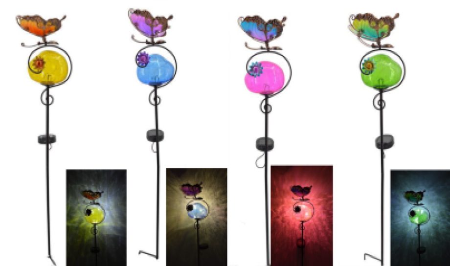 SOLAR CRACKLE GLASS STAKE WITH 3D BUTTERFLY - 4 ASST
