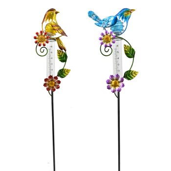 SOLAR METAL BIRD STAKE W/ RAIN GAUGE - 2 ASST