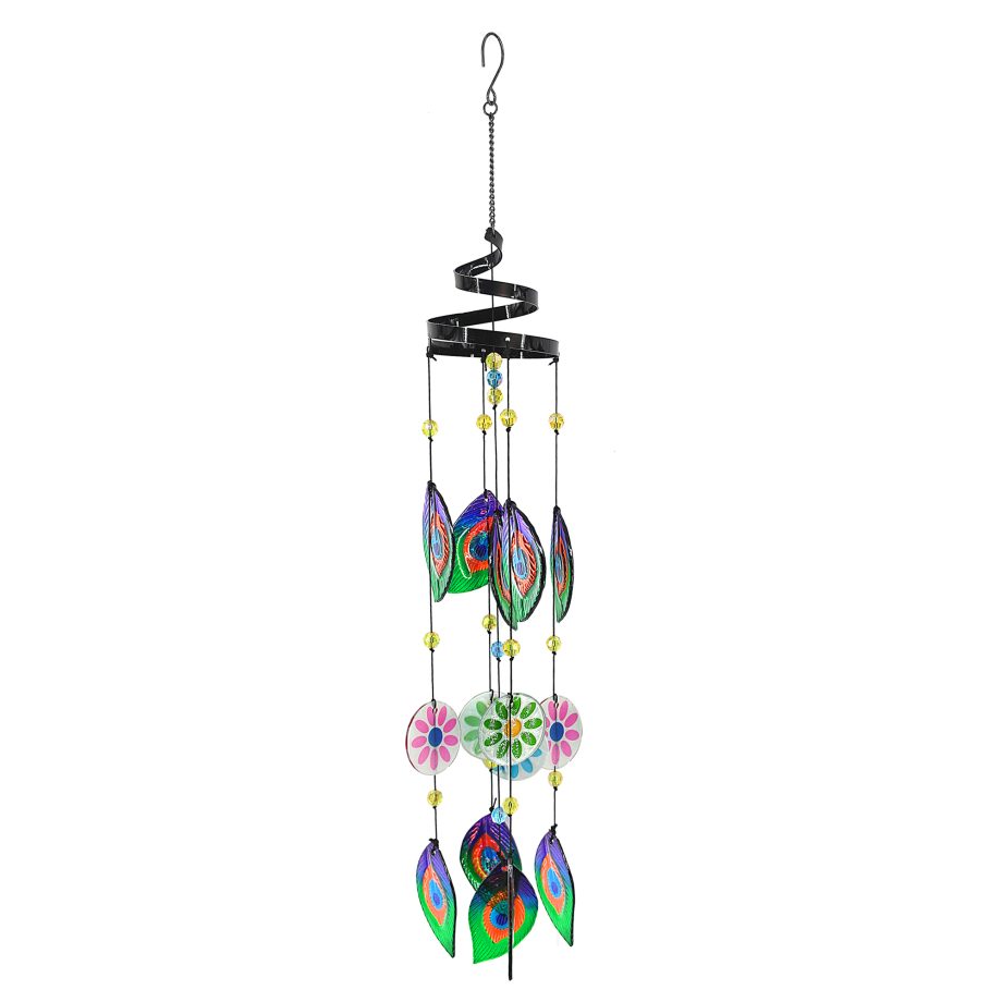 VIBRANT FEATHER AND FLOWERS WIND CHIME- METAL AND GLASS