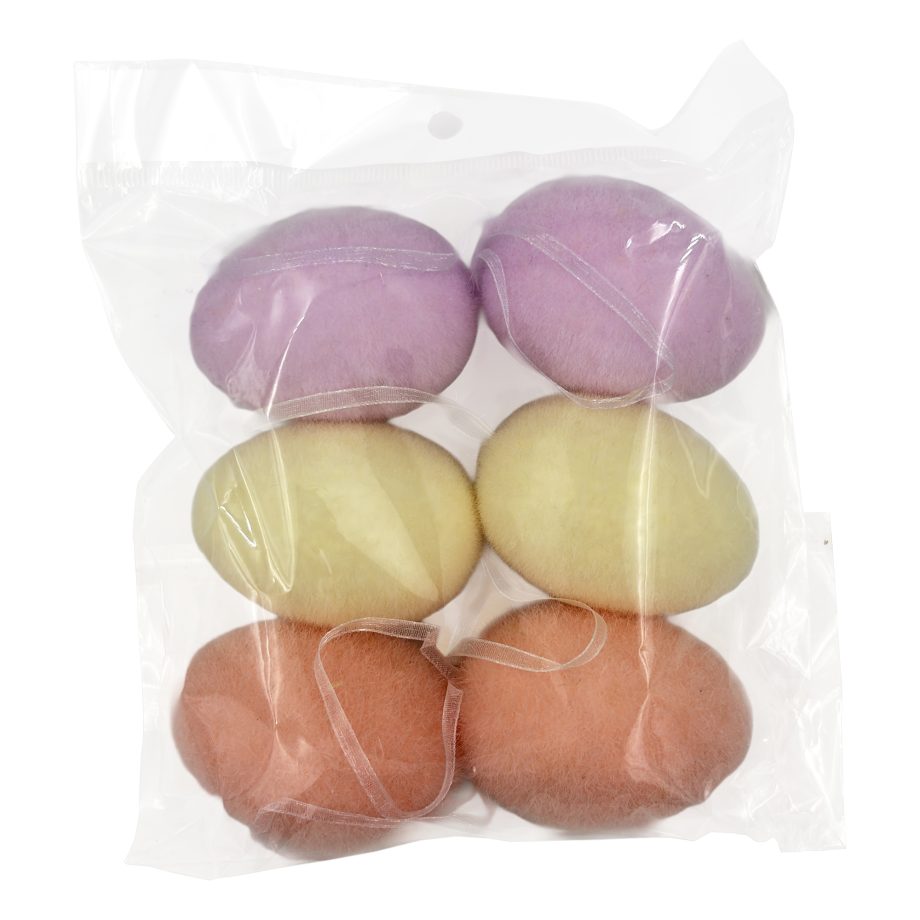 ORN FLOCKED EGG 6PCS X2.5" LILAC|YELLOW|PEACH