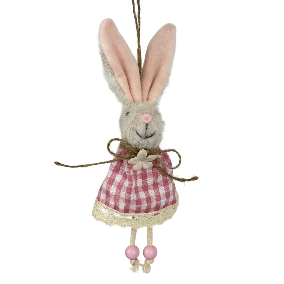 ORN BUNNY 7.5" PINK CHECK DRESS