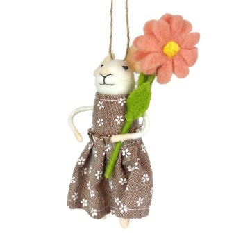 ORN MOUSE W/FLOWER 5" BROWN DRESS