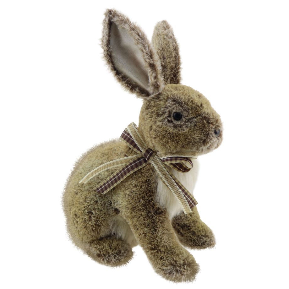 RABBIT SITTING 14" BROWN FUR W/BOW