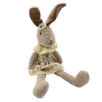 BUNNY GIRL SITTING 15.5" W BROWN CHECK DRESS W/LACE