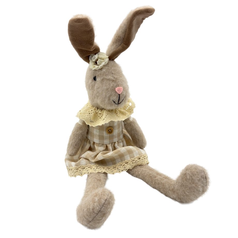 BUNNY GIRL SITTING 15.5" W/BROWN CHECK DRESS W/LACE