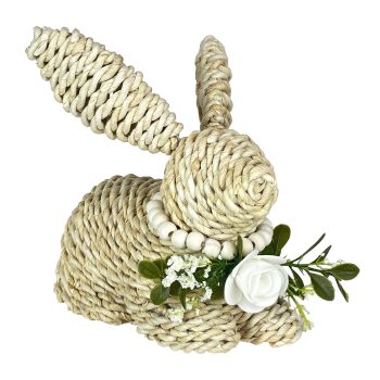 SISAL CROUCHING BUNNY W/BEAD COLLAR 6"H NATURAL
