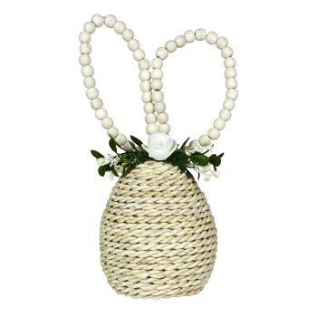 SISAL EGG W/BEAD EARS 8.5" NATURAL W/GREENERY
