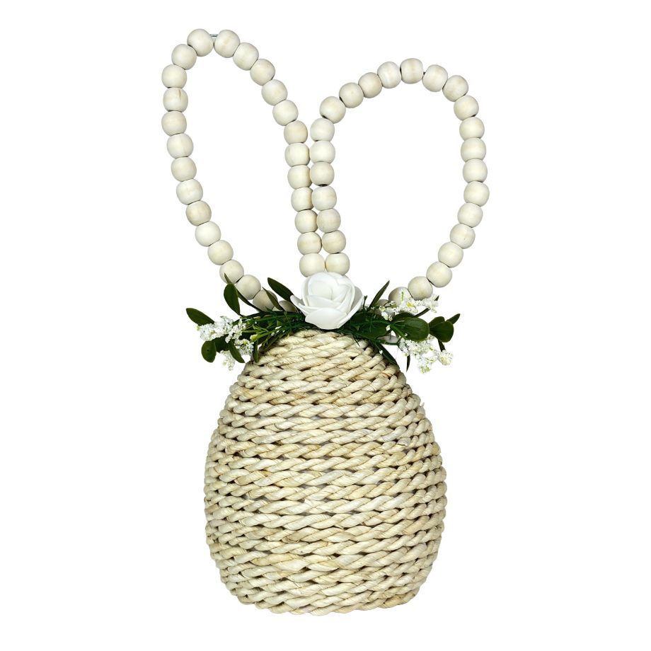 SISAL EGG W/BEAD EARS 8.5" NATURAL W/GREENERY