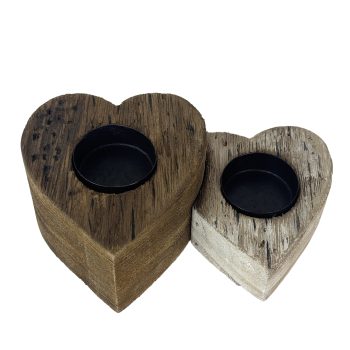 TEALITE CANDLE HOLDER 6.5"W WOODEN TWIN HEART