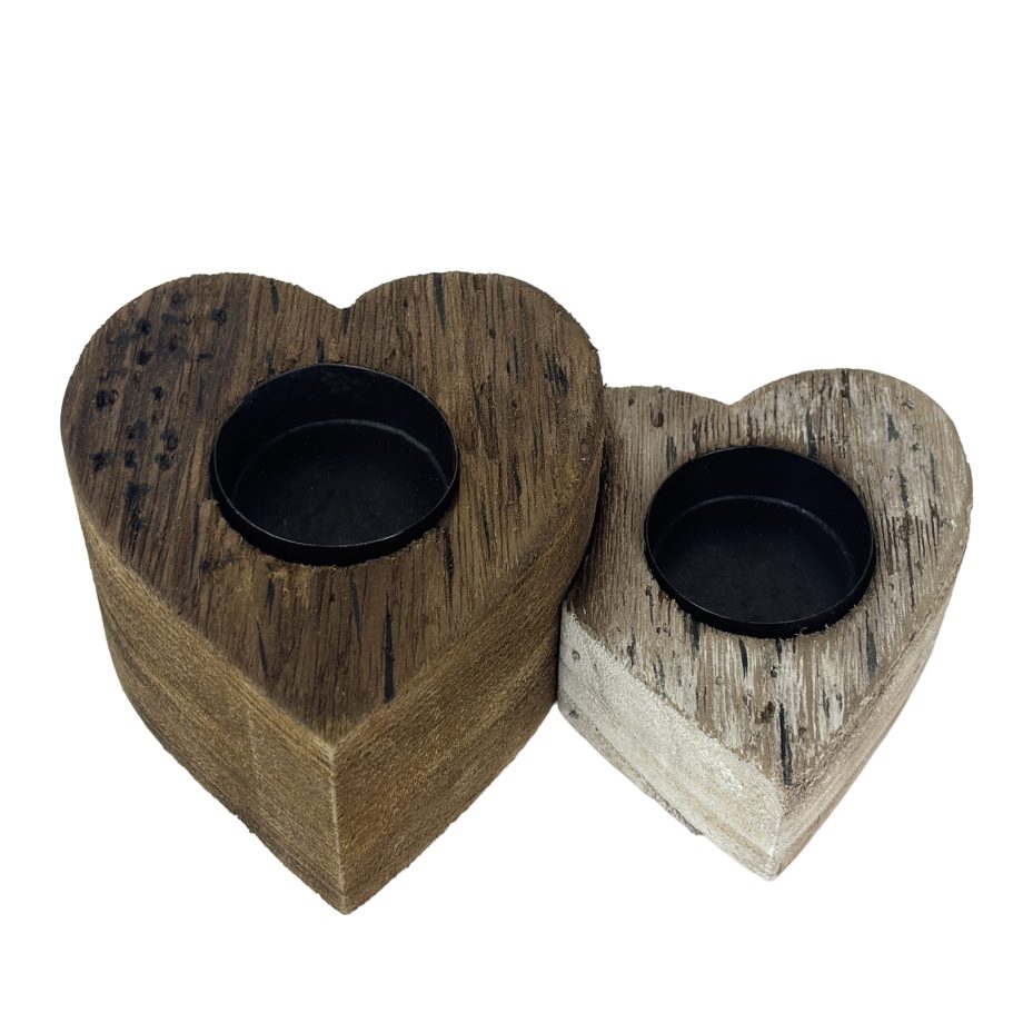 TEALITE CANDLE HOLDER 6.5"W WOODEN TWIN HEART