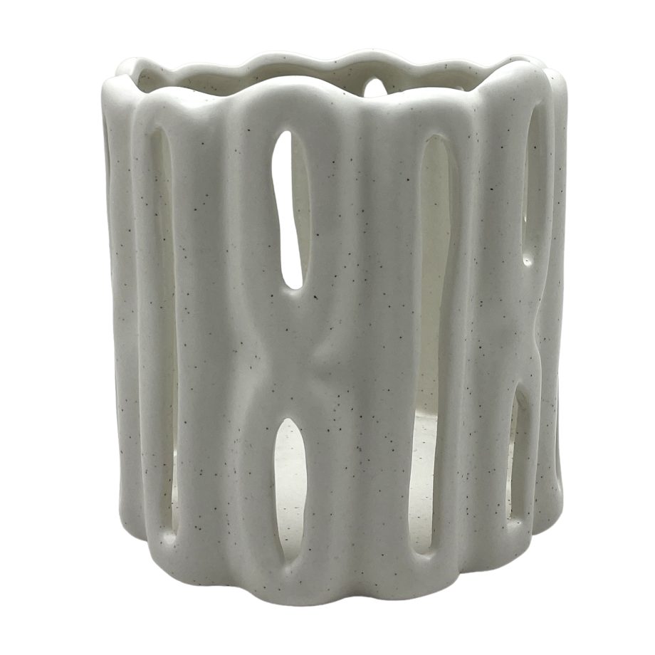 CANDLE LANTERN CERAMIC 6"X6.5"H NATURAL ECRU FINISH