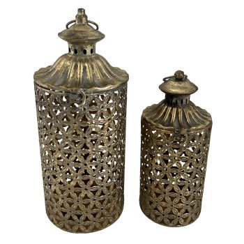 METAL LANTERN 2PC SET 5.5"X12"/7"X16" VINTAGE GOLD FINISH