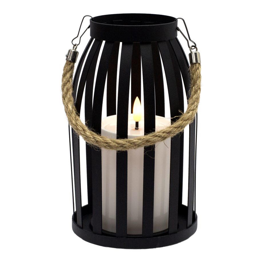 METAL LANTERN W/LED CANDLE 5"X8" 2AA W/TIMER BLACK