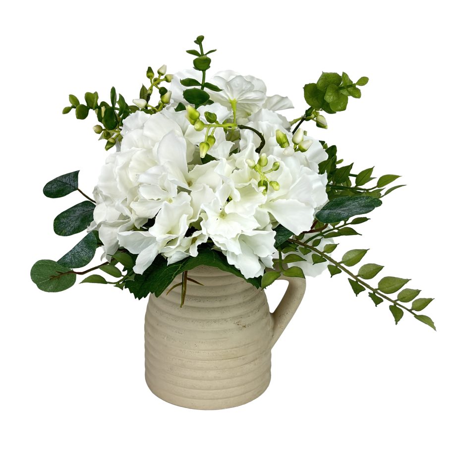 FLORAL ARRANGEMENT 11"H HYDRANGEAS IN POT WHITE
