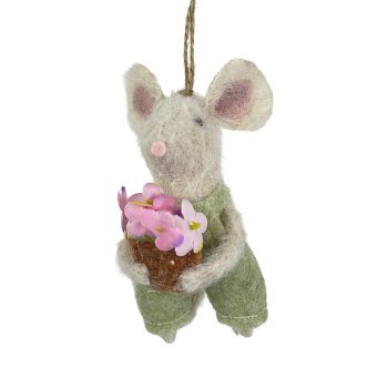 ORN MOUSE CREAM 4.5" GREEN PANTS W/FLOWERPOT