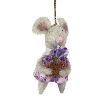 ORN MOUSE CREAM 4.5" PINK DRESS W/FLOWERPOT