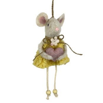 ORN MOUSE CREAM 8" YELLOW DRESS W/HEART