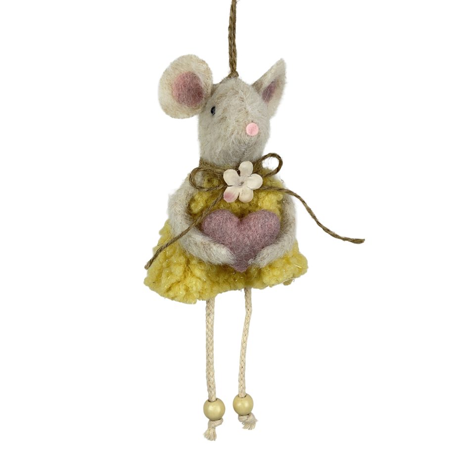 ORN MOUSE CREAM 8" YELLOW DRESS W/HEART
