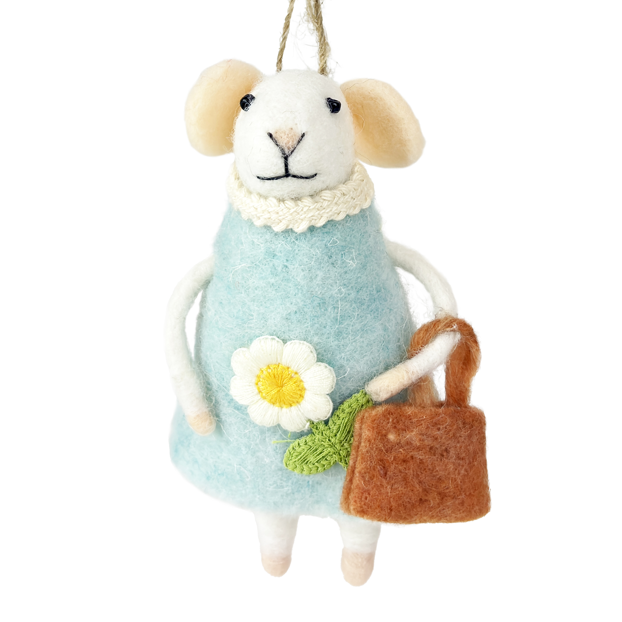 ORN MOUSE WHITE 5" W/BLUE DRESS & BAG