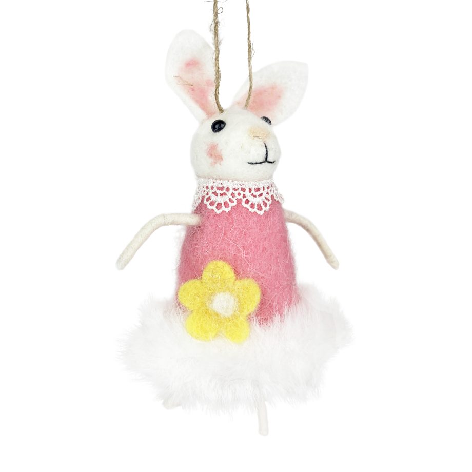 ORN MOUSE WHITE 5.5" W/PINK DRESS & DAISY