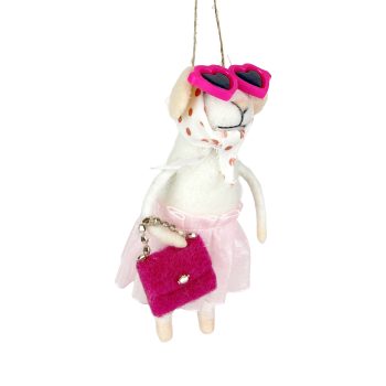 ORN MOUSE WHITE 5" W/PINK TUTU & HEART SUNGLASSES