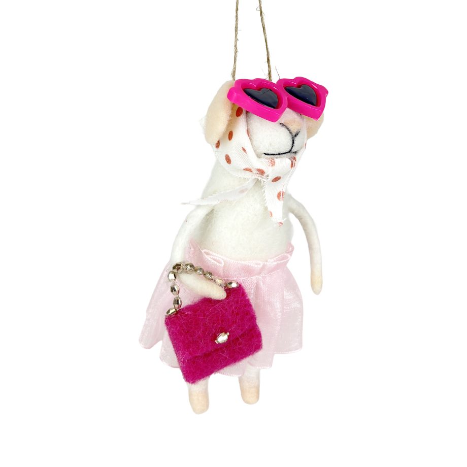 ORN MOUSE WHITE 5" W/PINK TUTU & HEART SUNGLASSES