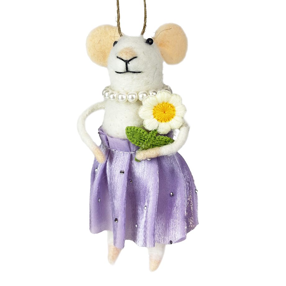 ORN MOUSE WHITE 5" W/PURPLE DRESS & DAISY