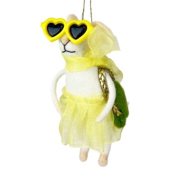 ORN MOUSE WHITE 5" W/YELLOW TUTU & HEART SUNGLASSES