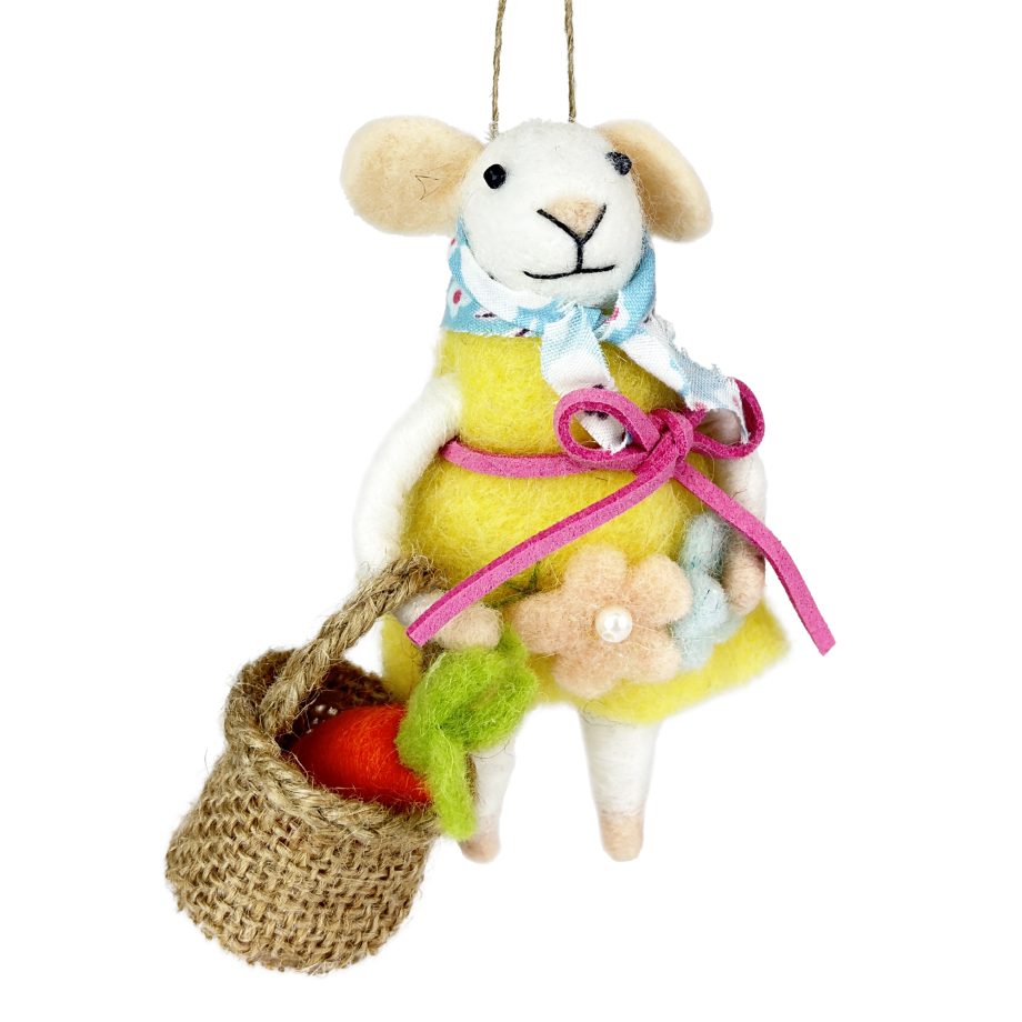 ORN MOUSE WHITE 5" W/YELLOW DRESS & BASKET