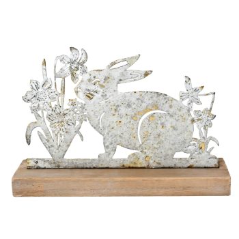 METAL BUNNY DECOR 8.75" X6"H ANTIQUE WHITE METAL FIN.