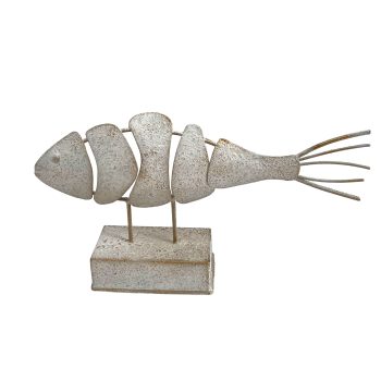 FISH TABLE DECOR ON STAND METAL 11"X6"H ANTIQUE WHITE FIN.