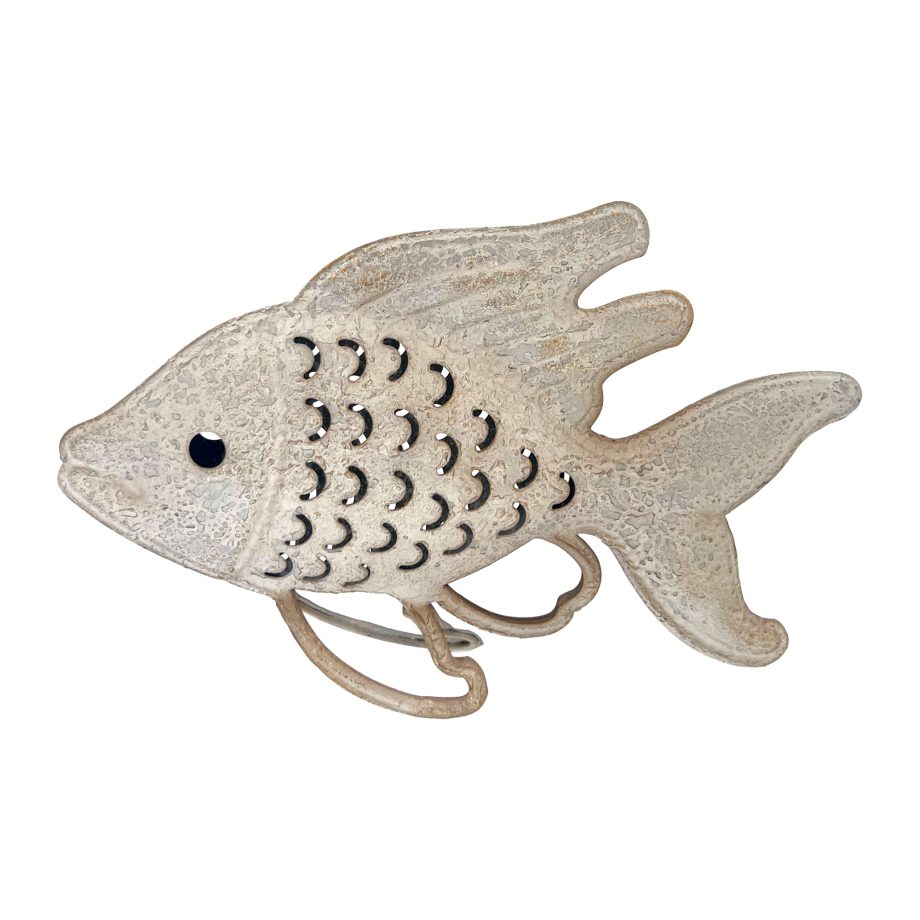 FISH TABLE DECOR METAL 11.5"X8"H ANTIQUE WHITE FIN.