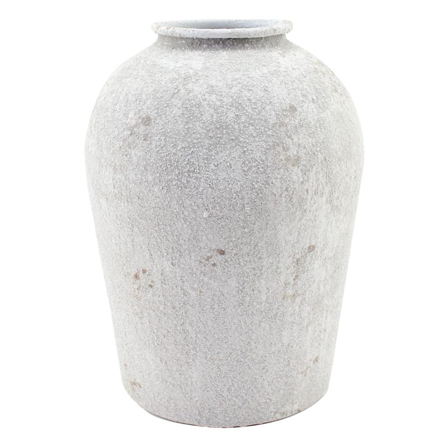 METAL VASE 5.5"X7.5"H WHITE STONE FINISH