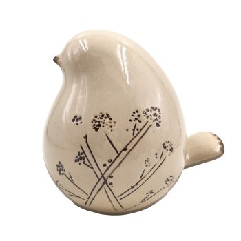BIRD DECOR STONEWARE 6"X5.5"H" GLAZED BEIGE W FLORAL DESIGN