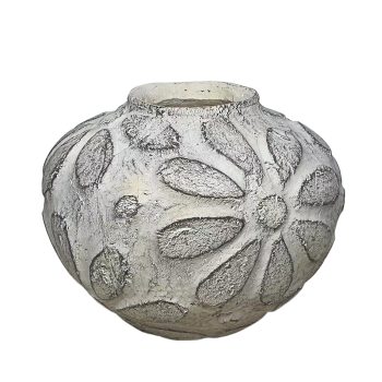 CERAMIC VASE 7.5"X6"H EMBOSSED BLOOMS WHITE/SAND FIN.