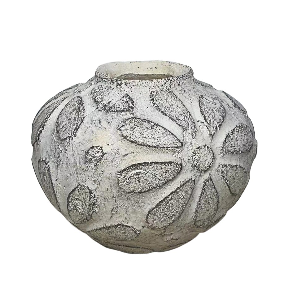 CERAMIC VASE 7.5"X6"H EMBOSSED BLOOMS WHITE/SAND FIN.