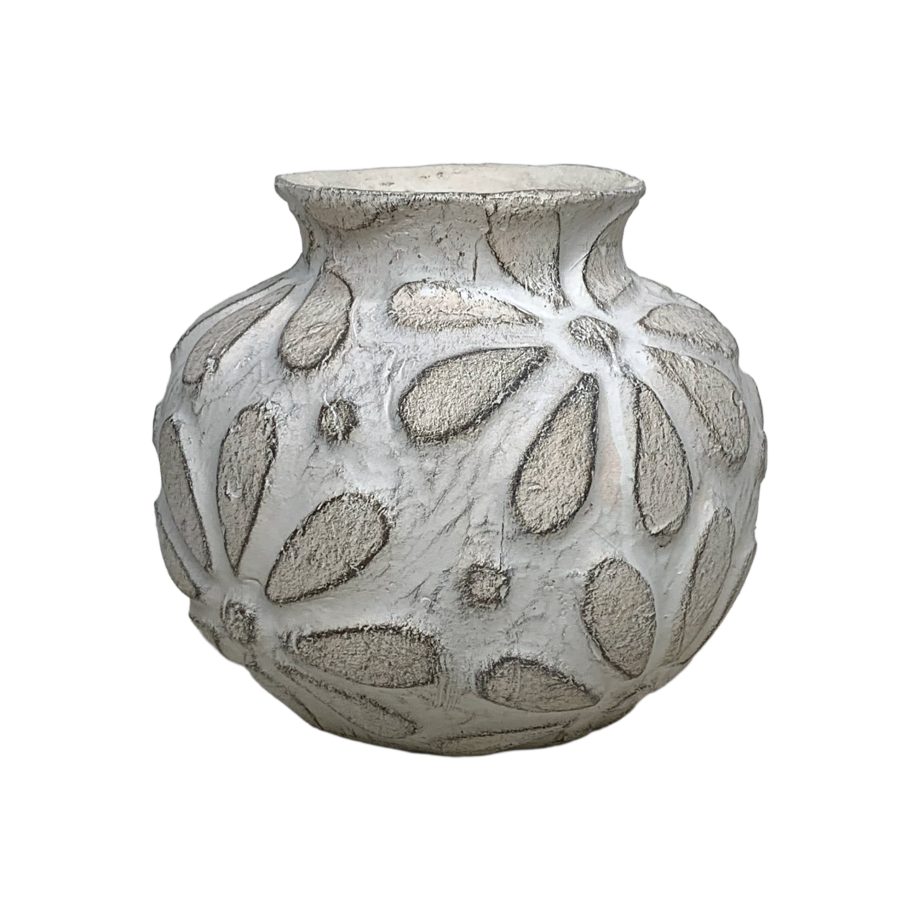 CERAMIC VASE 8"X7"H EMBOSSED BLOOMS WHITE/SAND FIN.