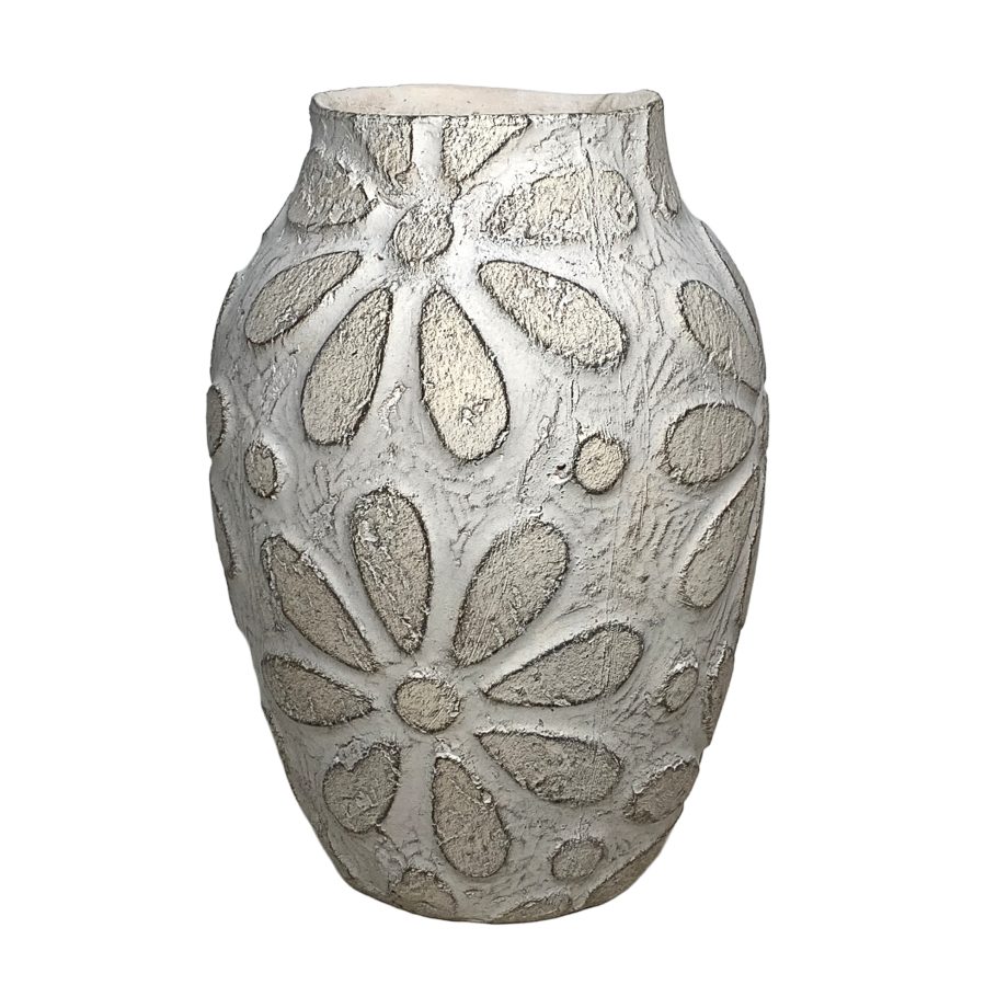 CERAMIC VASE 8.5"X10"H EMBOSSED BLOOMS WHITE/SAND FIN.