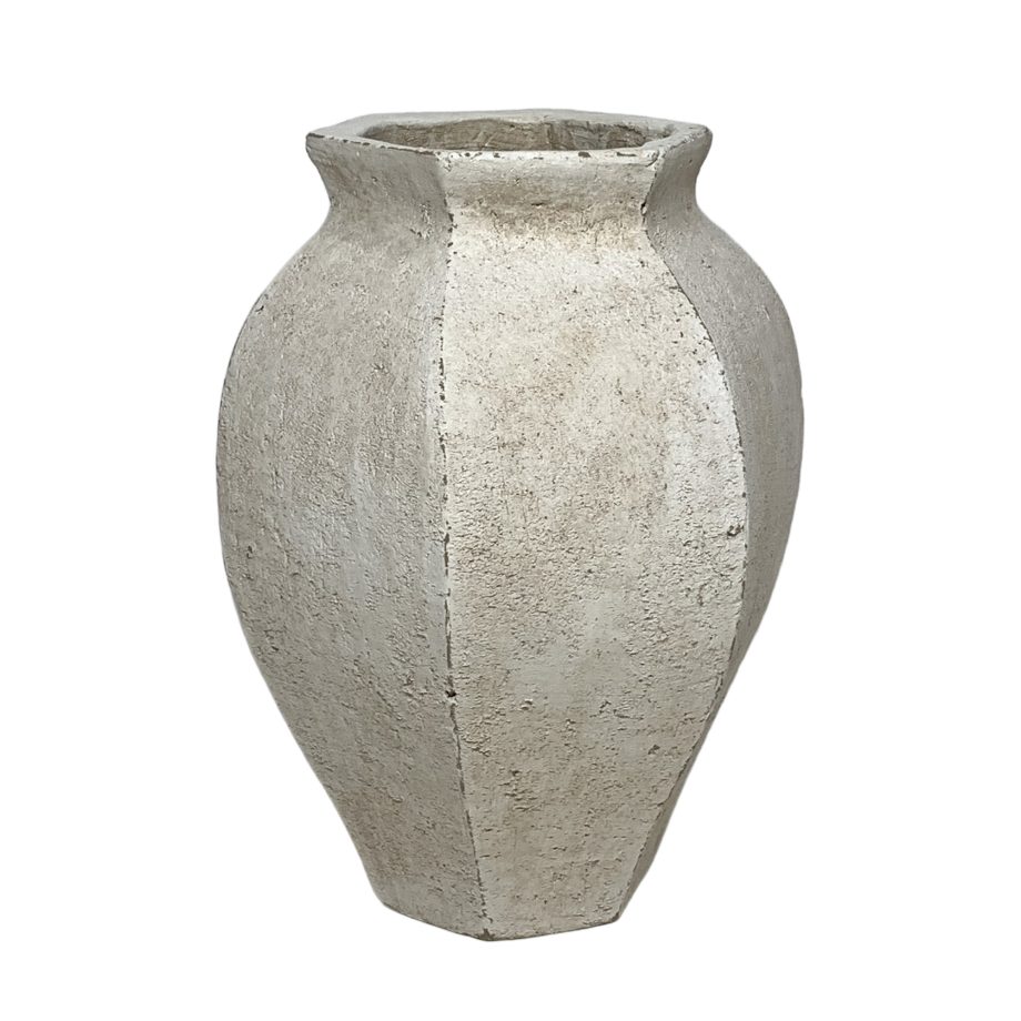 CERAMIC VASE 7"X10"H SCULPTED WHITE/SAND FIN.