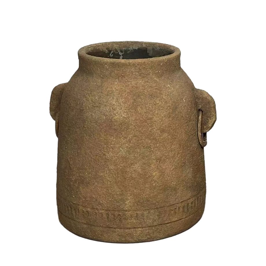 TERRACOTTA HANDMADE VASE 8"X8"H W/IRON HANDLES