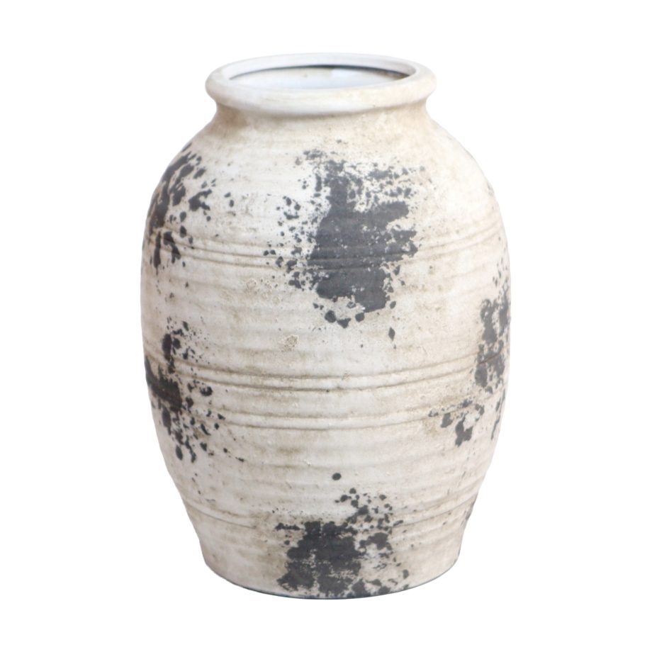 CERAMIC VASE 7.5"X10"H WHT/BRN STONE FINISH