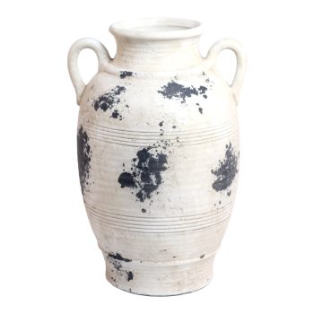 CERAMIC VASE W/HANDLE 6.5"X5"X11.5"H WHIT/BROWN STONE FINISH