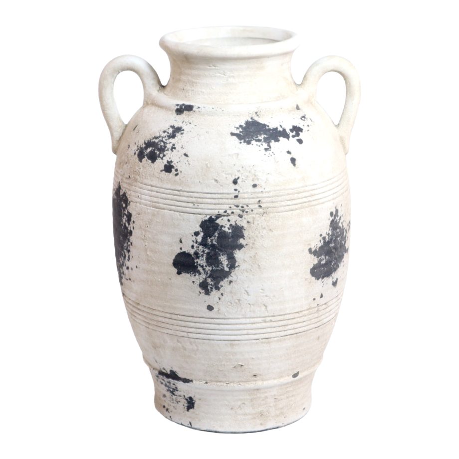 CERAMIC VASE W/HANDLE 6.5"X5"X11.5"H WHIT/BROWN STONE FINISH