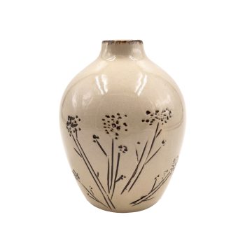 STONEWARE VASE 4"X5"H GLAZED BEIGE W/FLORAL DESIGN