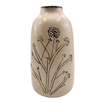 STONEWARE VASE 5.5"X9"H GLAZED BEIGE W/FLORAL DESIGN