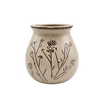 STONEWARE VASE 6"X5.5"H GLAZED BEIGE W/FLORAL DESIGN